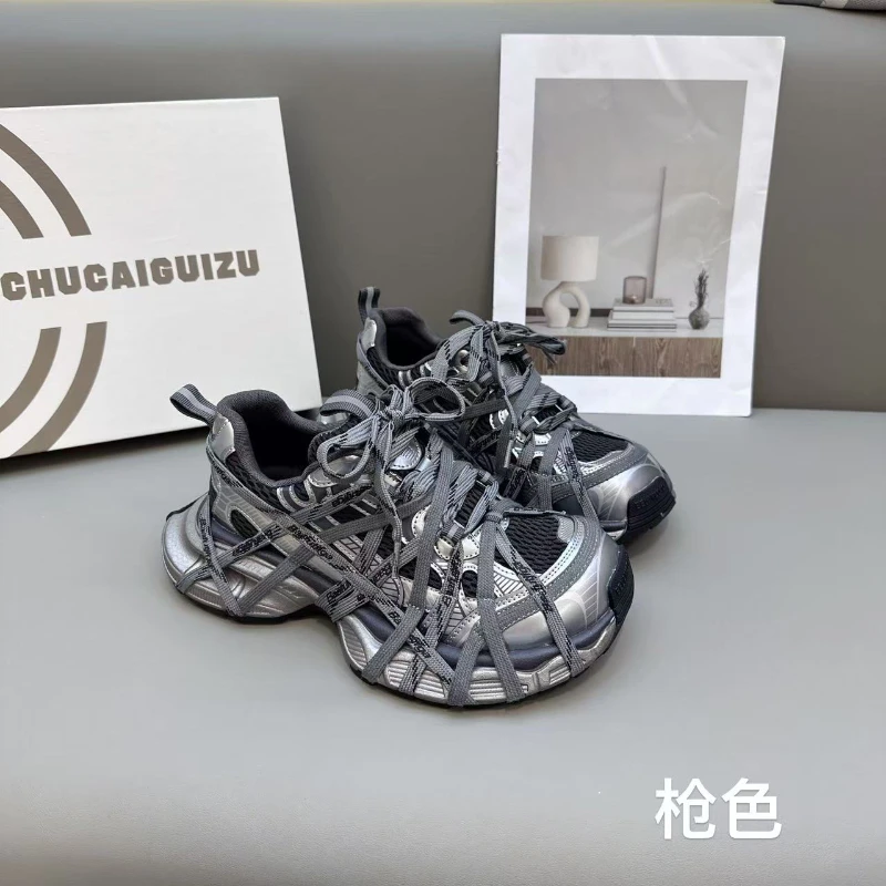 蜘蛛网厚底绑带老爹鞋女2025秋季新款网面复古透气跑步运动休闲鞋