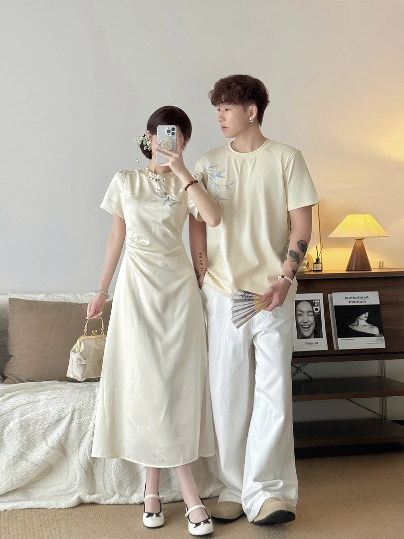 新中式情侣装夏季小众设计感短袖t恤女旗袍连衣裙法式一裙一衣潮