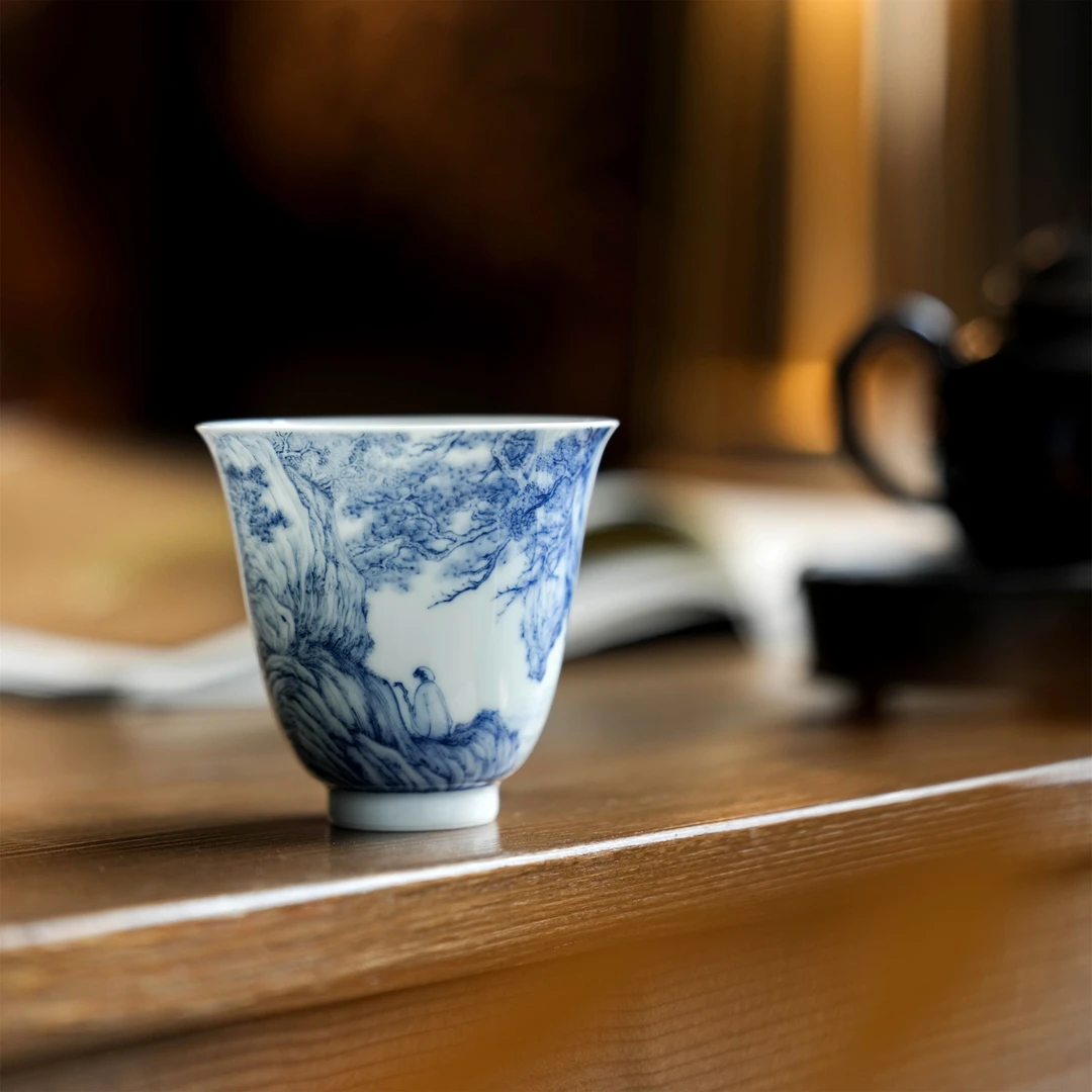景德镇手工手绘刘永亮清晖小馆山水松林溪水高士铃铛杯茶杯陶瓷