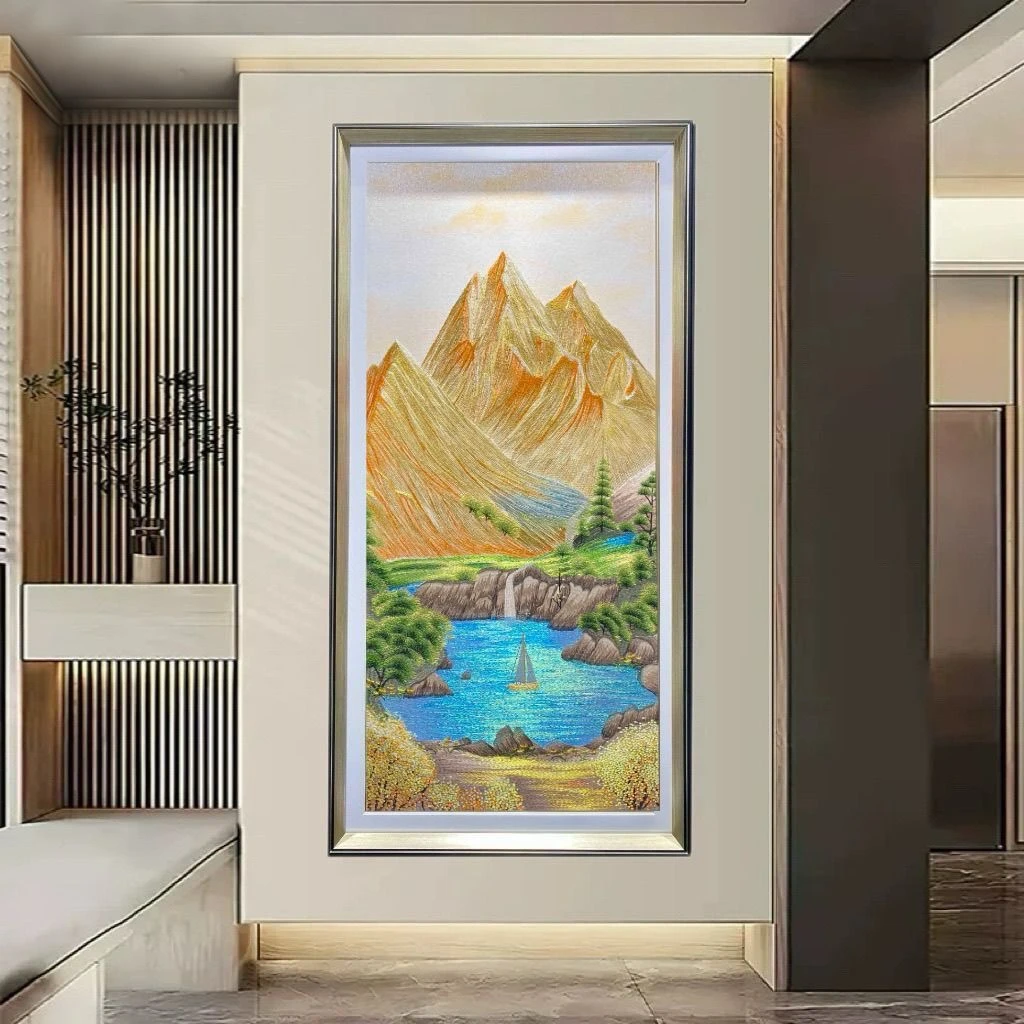 高端金山聚宝盆过道苏绣装饰画高端织锦刺绣迎门玄关挂画中式壁画