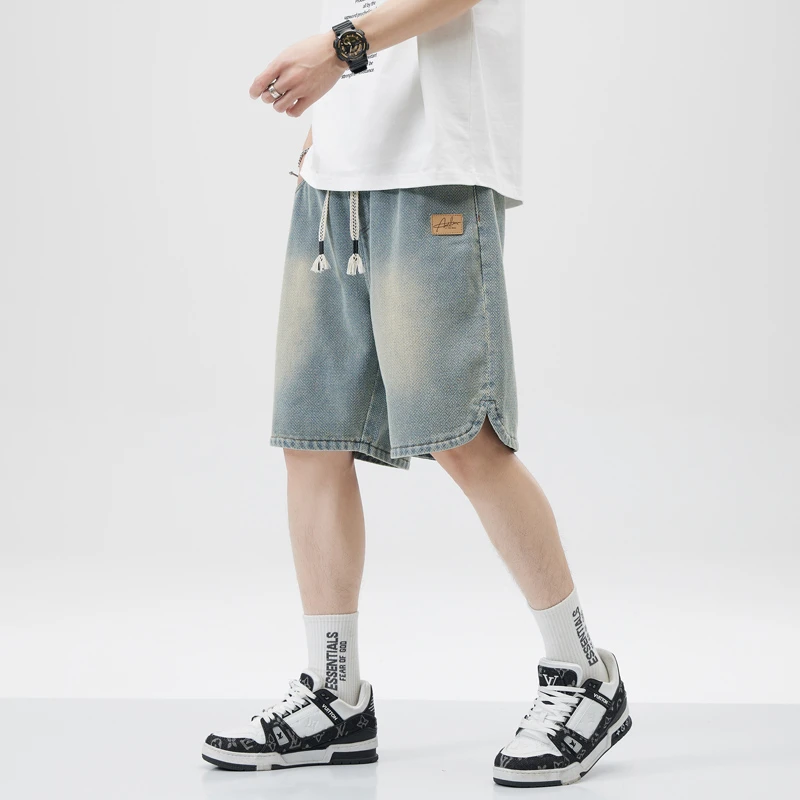 弹力港风薄款牛仔裤潮牌夏季短裤男士百搭中裤日系潮流裤子五分裤