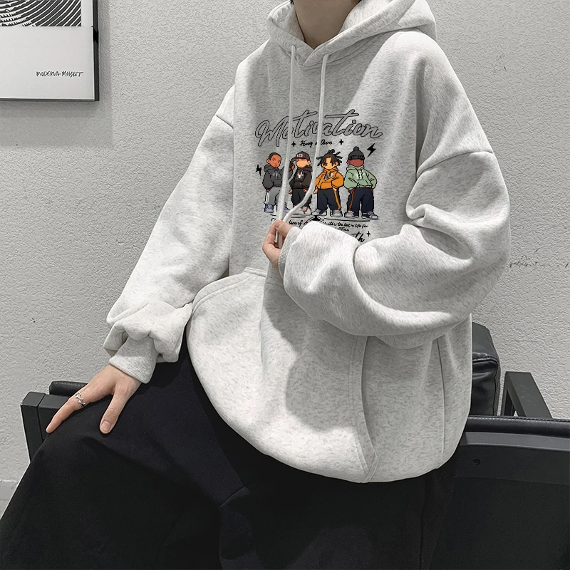 连帽卫衣秋季重磅400G男美式宽松套头衫百搭长袖潮流卡通嘻哈印花