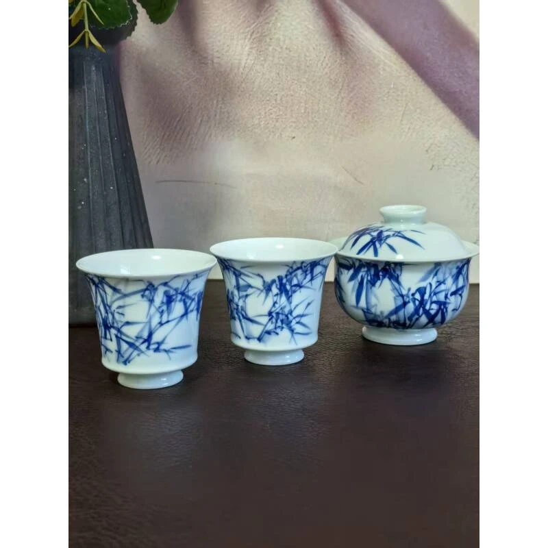 景德镇高温陶瓷茶具套装釉下彩青花手工手绘竹子元宝盖碗+2杯