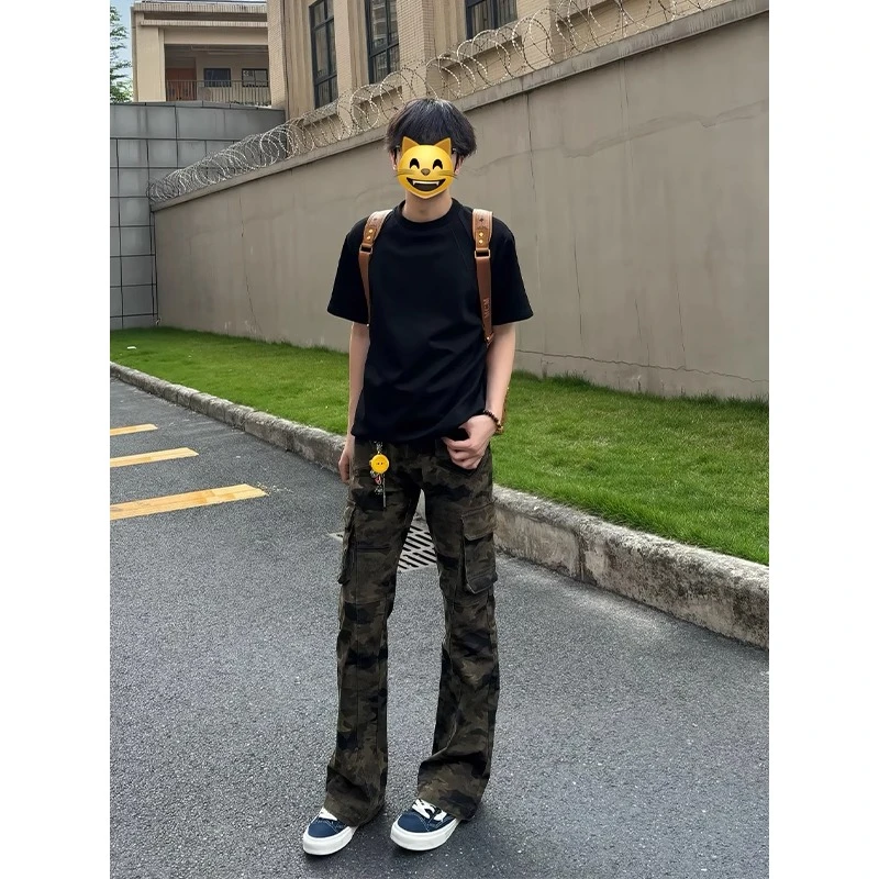 美式高街vibe工装牛仔裤男秋季cleanfit穿搭潮牌迷彩微喇直筒裤子