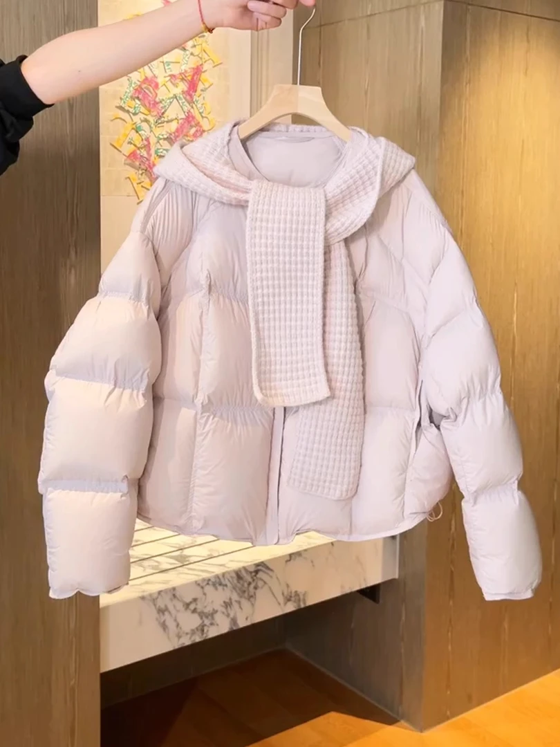 可拆卸针织连帽粉色女2025冬季新款气质云朵泡芙保暖棉衣棉服外套