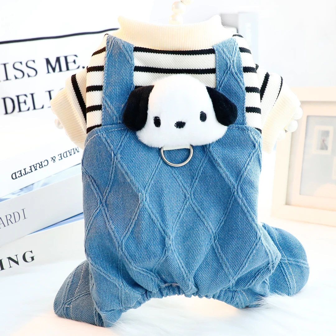 狗狗衣服秋冬装厚款牛仔四腿加绒牵引可爱棉衣小型犬泰迪宠物6996