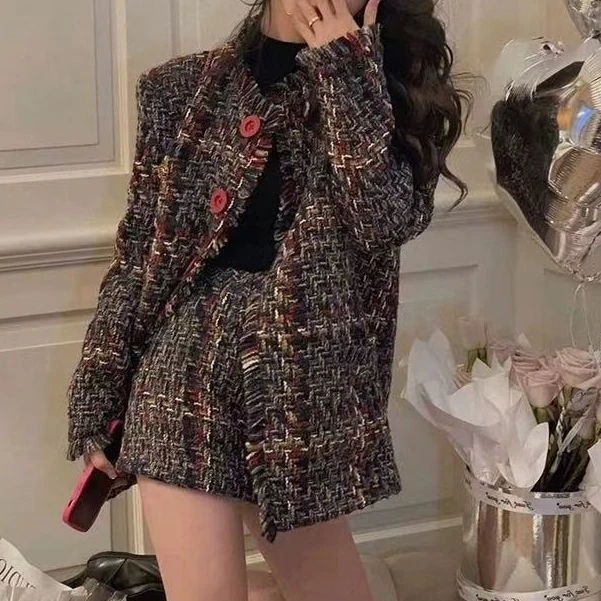 （陈磨磨）大码香风编织套装女撞色拼接加棉外套+半身裙两件套96497