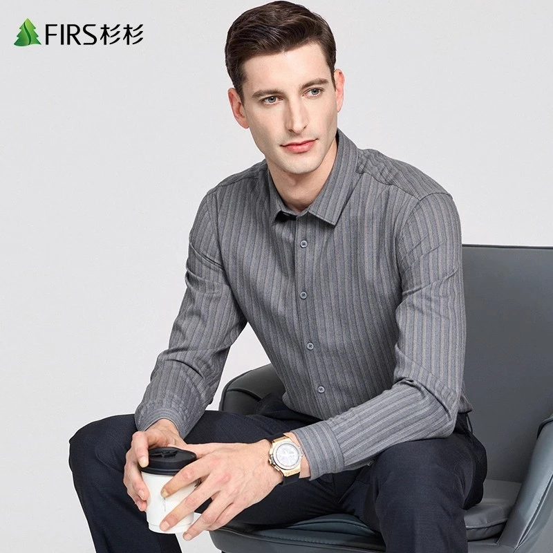 【磨毛条纹】杉杉男方领长袖衬衫男士2025秋冬新款商务休闲通勤衬衣