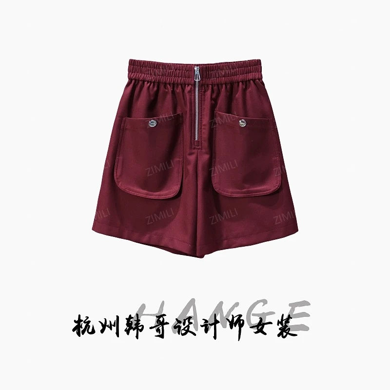 【韩哥女装】设计师款欧版重工红色拉链口袋装饰高克重短裤8019-H5