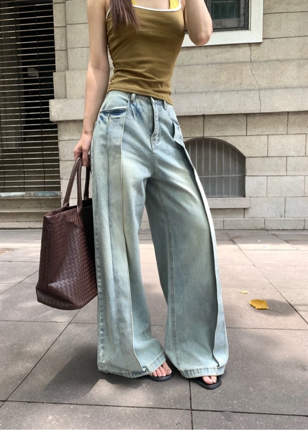 WUDALIAN 复古做旧宽松拼接阔腿牛仔裤