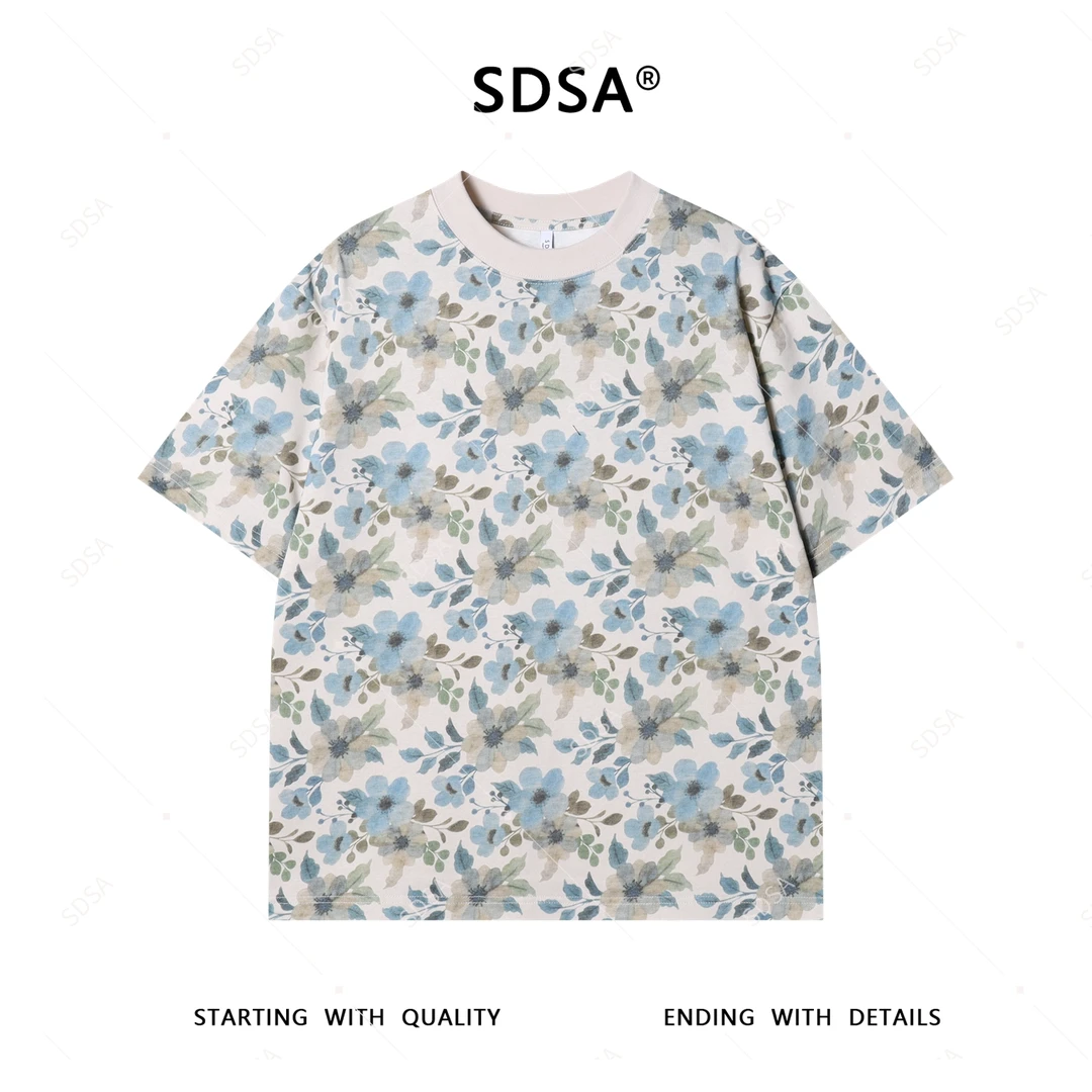 SDSA夏季新款男士痞帅简约撞色花卉图案设计圆领短袖T恤百搭时尚