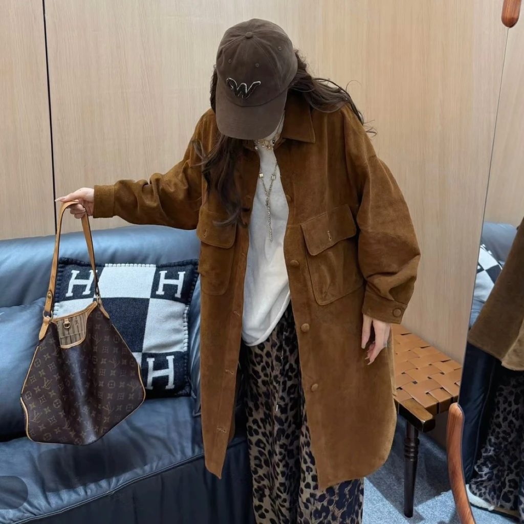 2025新款上衣女设计师款宽松女士真皮绵羊皮风衣大长款