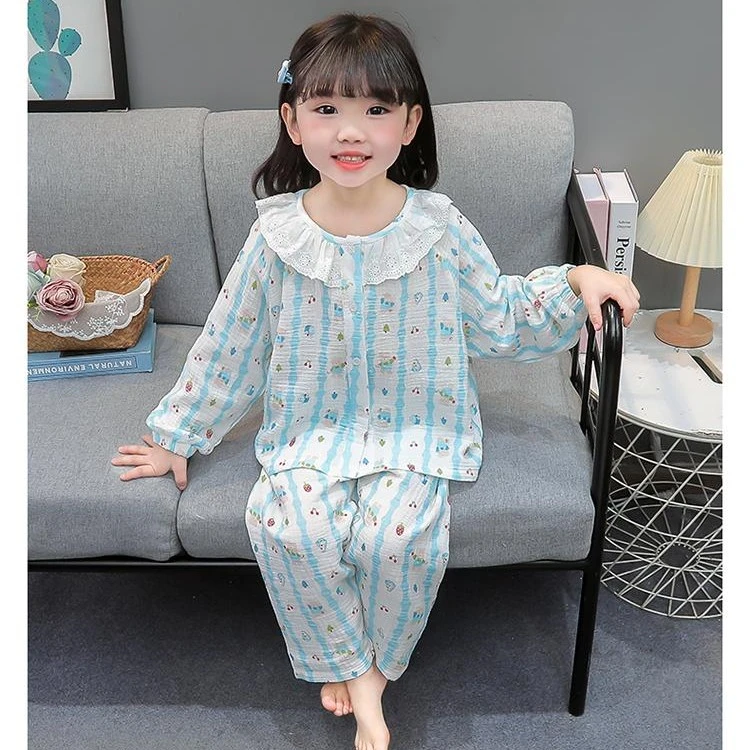 睡衣女童2025新款韩版秋季长袖纱布开衫套装四季款儿童家居服7585