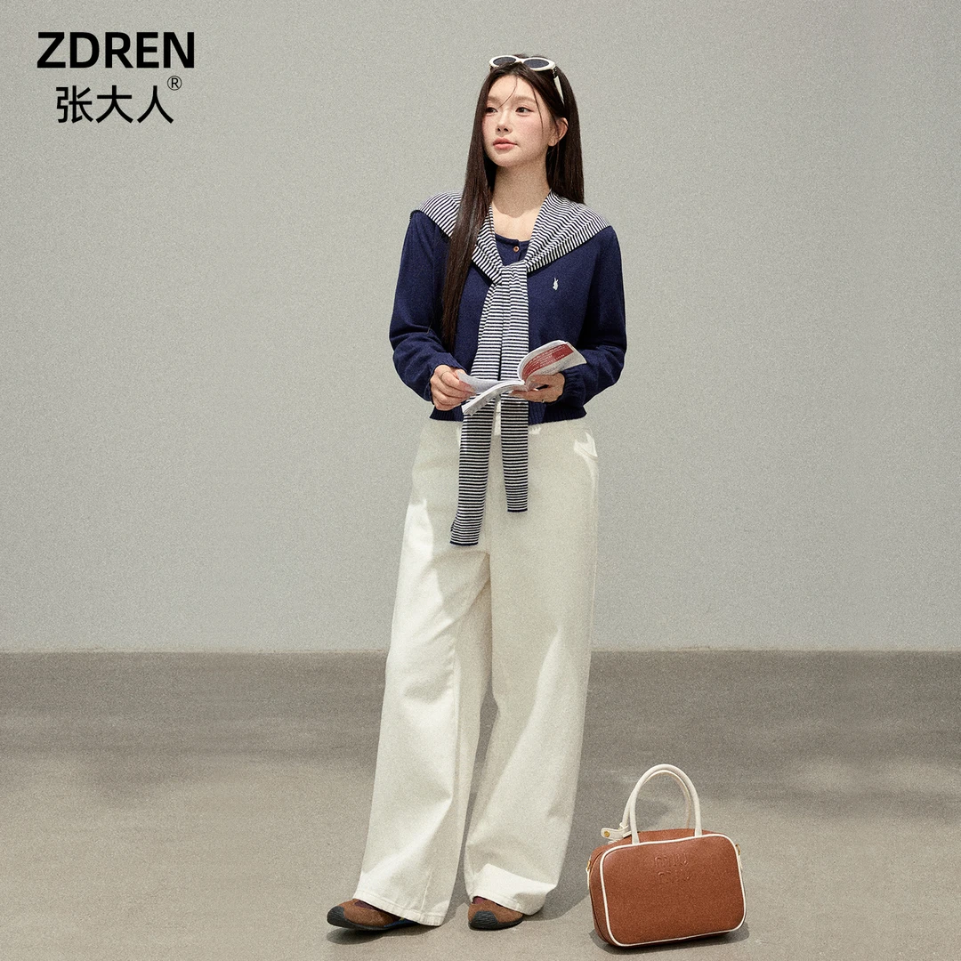 【原野暮色】大码女装微胖妹妹学院风针织衫白色阔腿裤套装