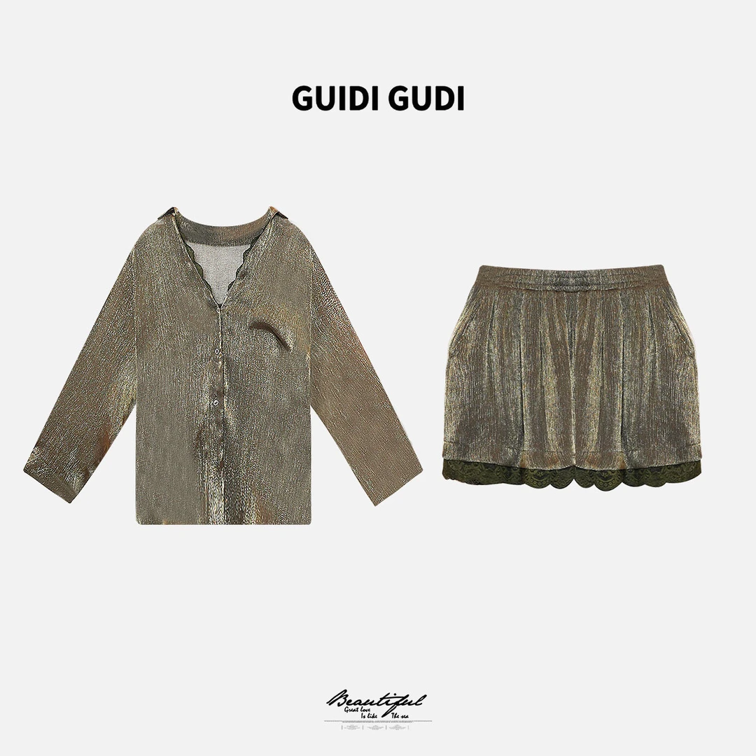 GUIDI GUDI【幻影乍现】黄加蓝两件套衬衫+短裤套装