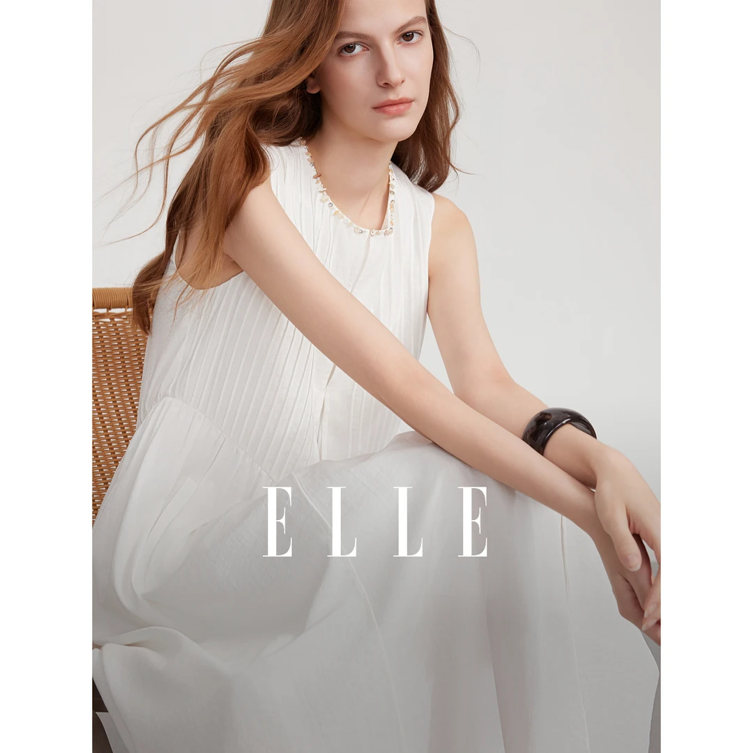 ELLE法式度假风白色连衣裙女2025夏季新款时尚设计感长裙EL52528