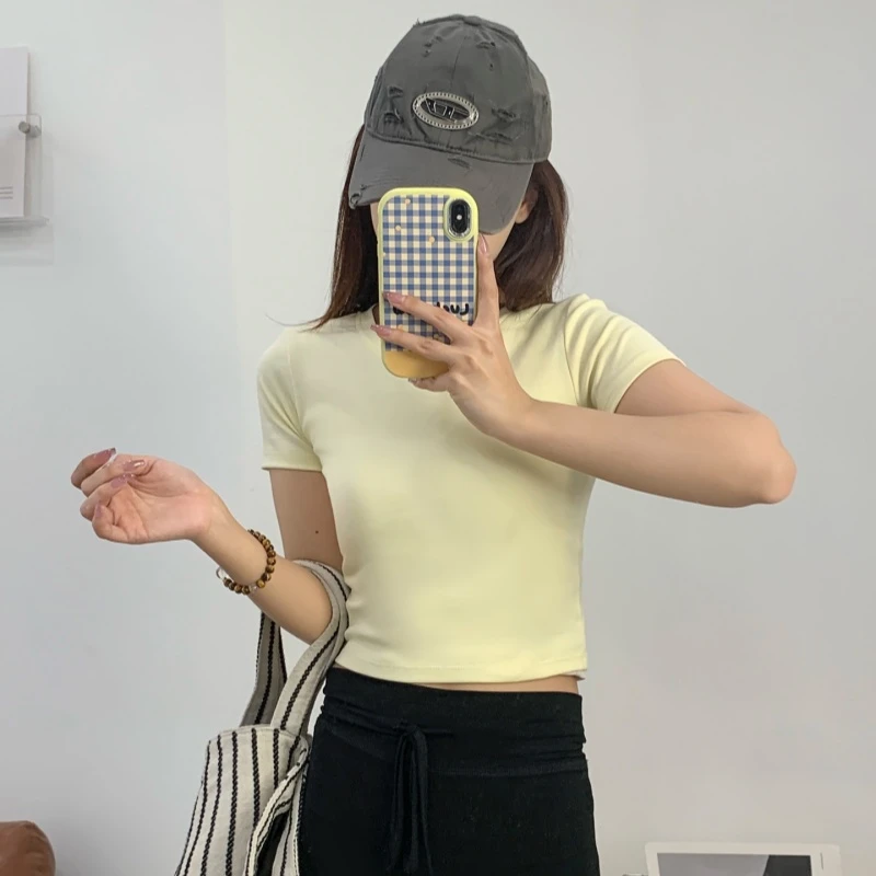 【乐檬外贸】al 新女士四色短袖lisa同款显瘦短款上衣圆领修身短款