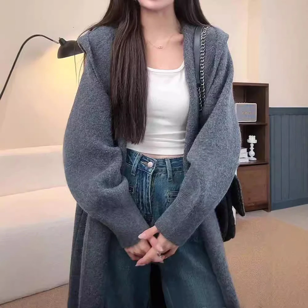 KANING慵懒连帽长款针织开衫女2025秋季新款女装过膝毛衣长外套女