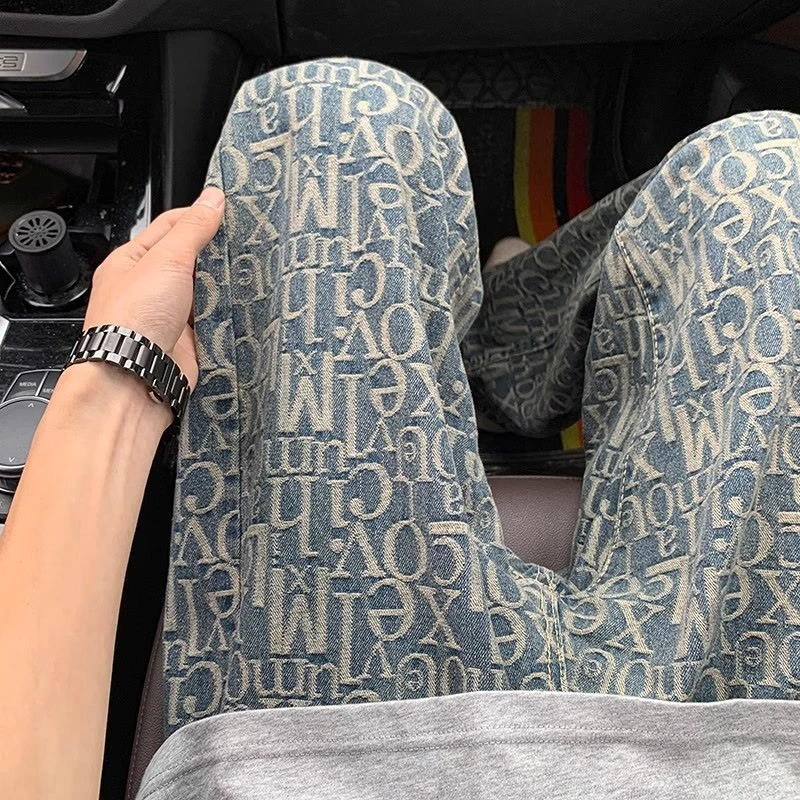 巴黎字母满印提花牛仔裤男小众设计感裤子美式高街vibe直筒微喇裤