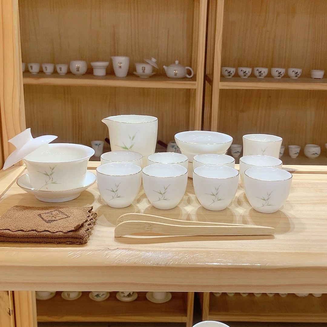 羊脂玉瓷竹报平安15件套功夫茶具