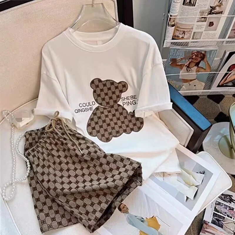 【粉丝专属】2件套夏季女短袖短裤宽松圆领印花套装女230