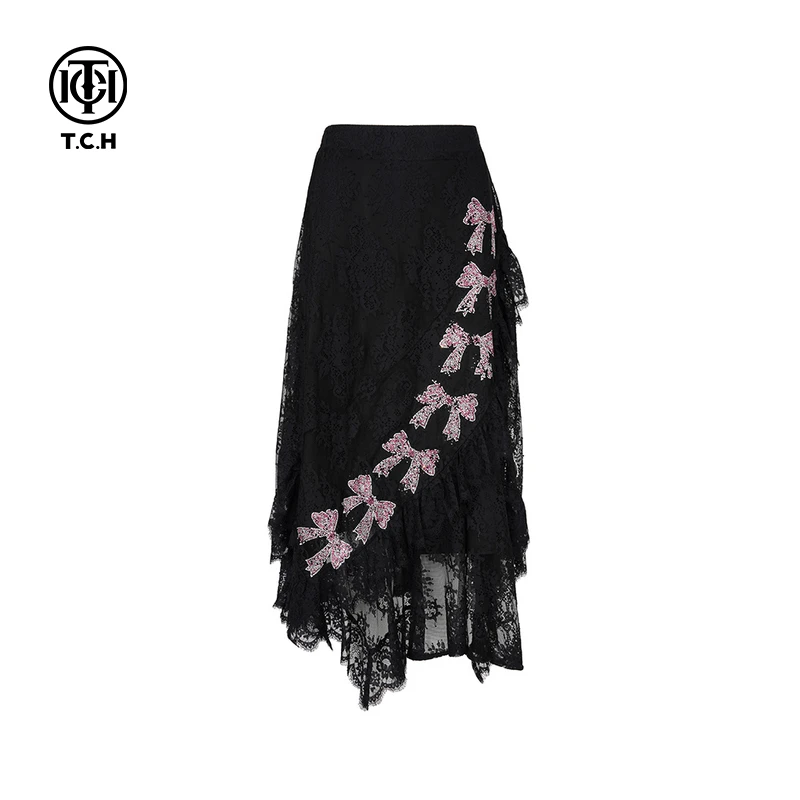 TCH现货私服烫钻工艺新款粉色蝴蝶结半身裙女T75A22E5011轻奢tch