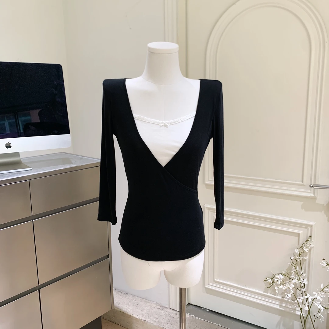 sheepland首尔初秋 黑色V领假两件t恤女早秋显瘦内搭打底上衣