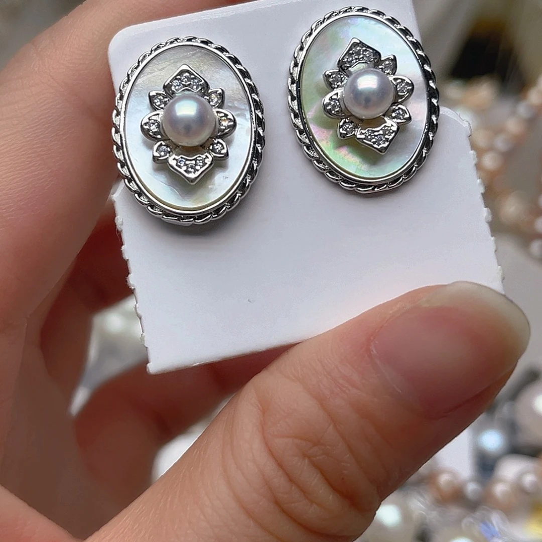 银S925镶嵌耳钉淡水珍珠