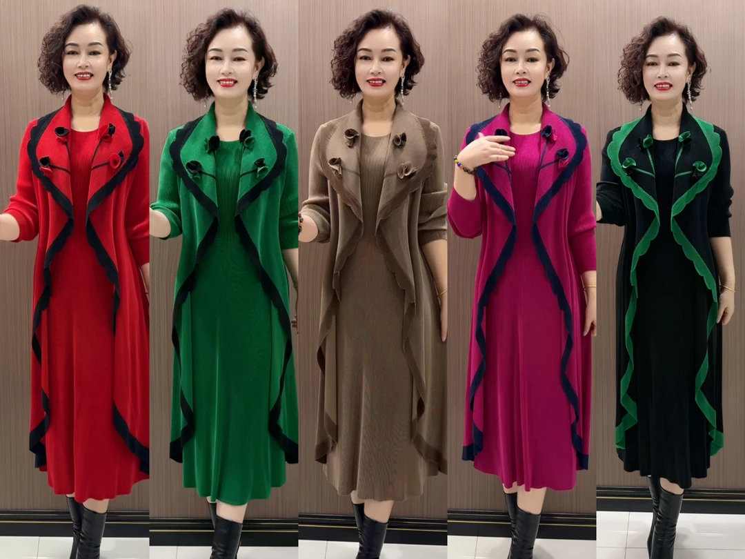 1044款时尚宽松洋气气质过膝优雅长袖褶皱秋冬显瘦修身连衣裙