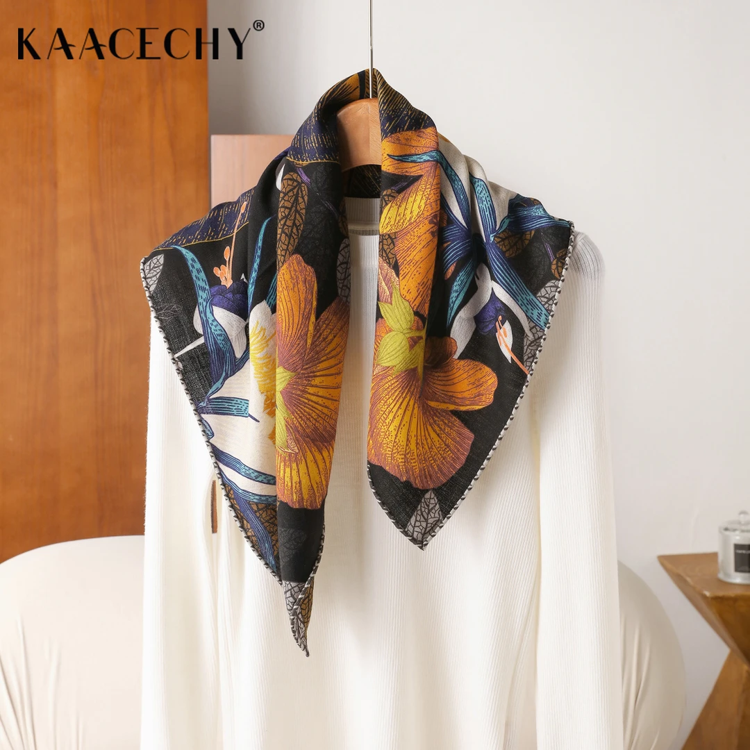 双面异色花卉印花真丝羊毛围巾女款2025秋冬新款柔软保暖外穿披肩