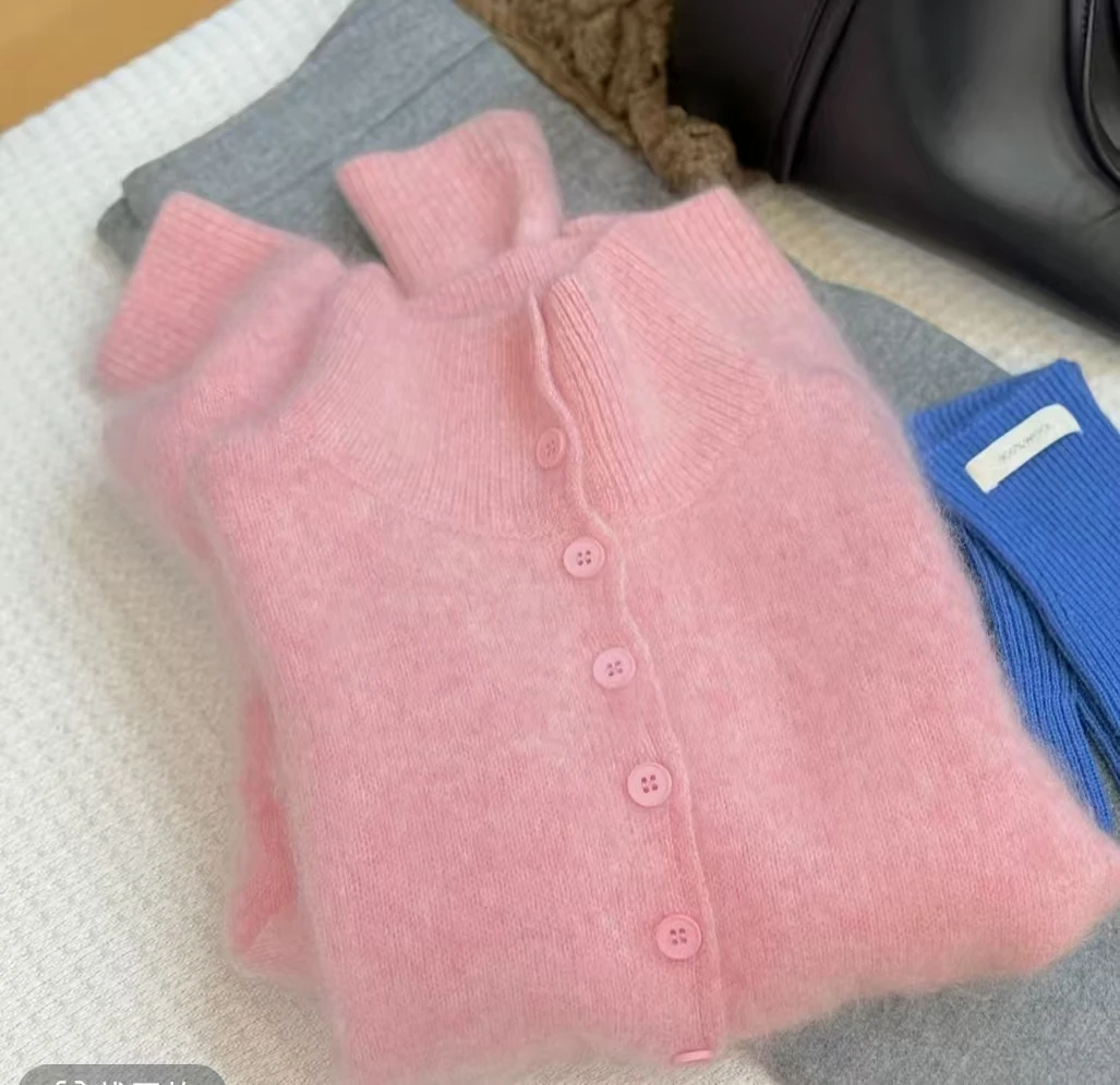 全羊毛拉毛  高领小开衫新款软糯纯色韩版圆领开衫毛衣女 旺