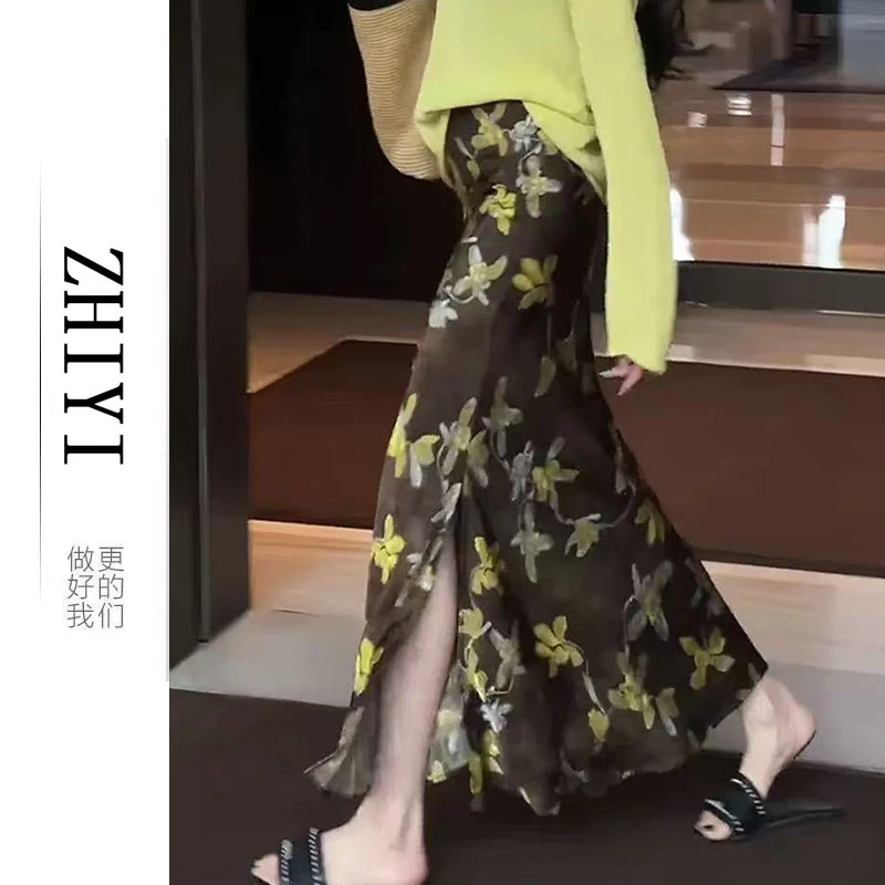 高端时尚鱼尾侧开叉黄色印花a字高腰气质修身中长裙女