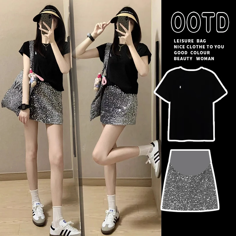 孕妇套装夏装新款时尚韩版休闲简约百搭短袖T恤显瘦亮片半身子潮1