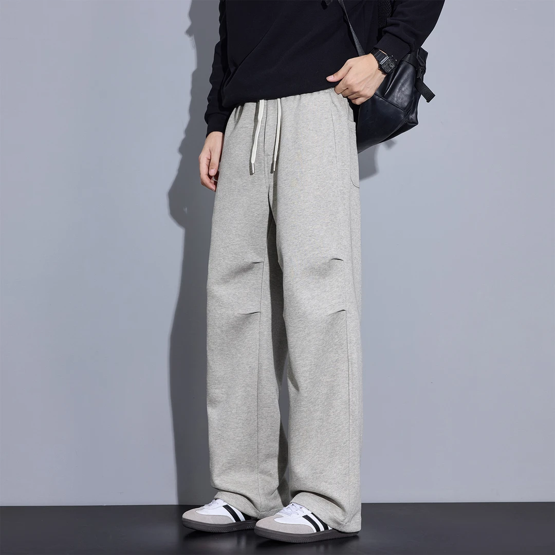 Kuvine冬季美式压褶直筒卫裤男2025新款运动裤宽松针织休闲长裤子