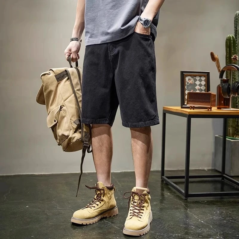 仓石一树夏季2025新款黑色牛仔短裤男士宽松直筒五分裤休闲中裤子