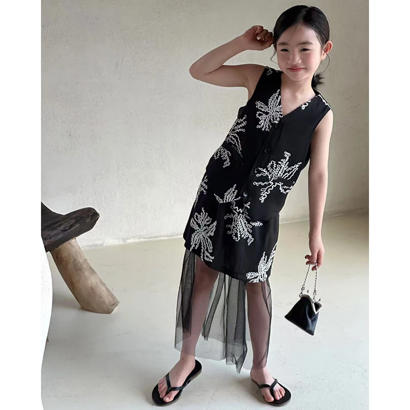 【语汐定制】2025夏季女童时尚新款墨绣-云蝶马甲网纱裙套装25590
