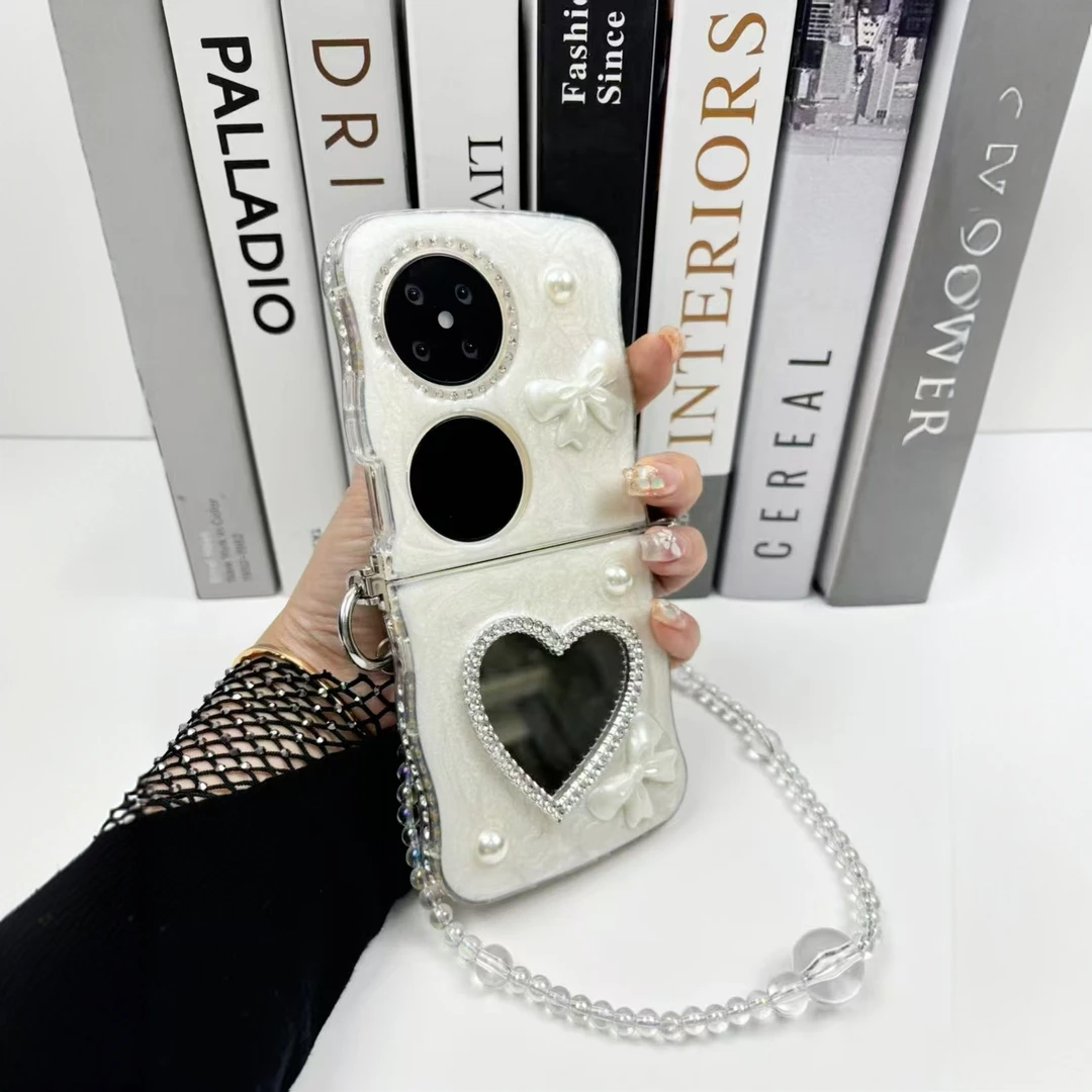 爱心镜子镜面侧扣适用华为pocket2手机壳P50pocket女OPPO N3 flip
