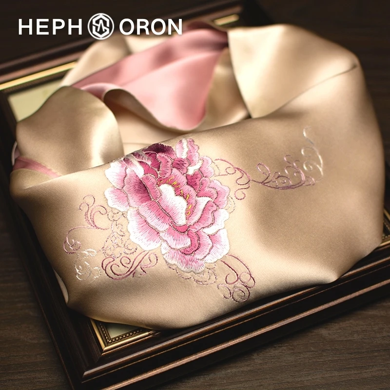 HEPHSORON苏绣丝巾礼盒送妈妈香槟色刺绣披肩百搭桑蚕丝真丝围巾