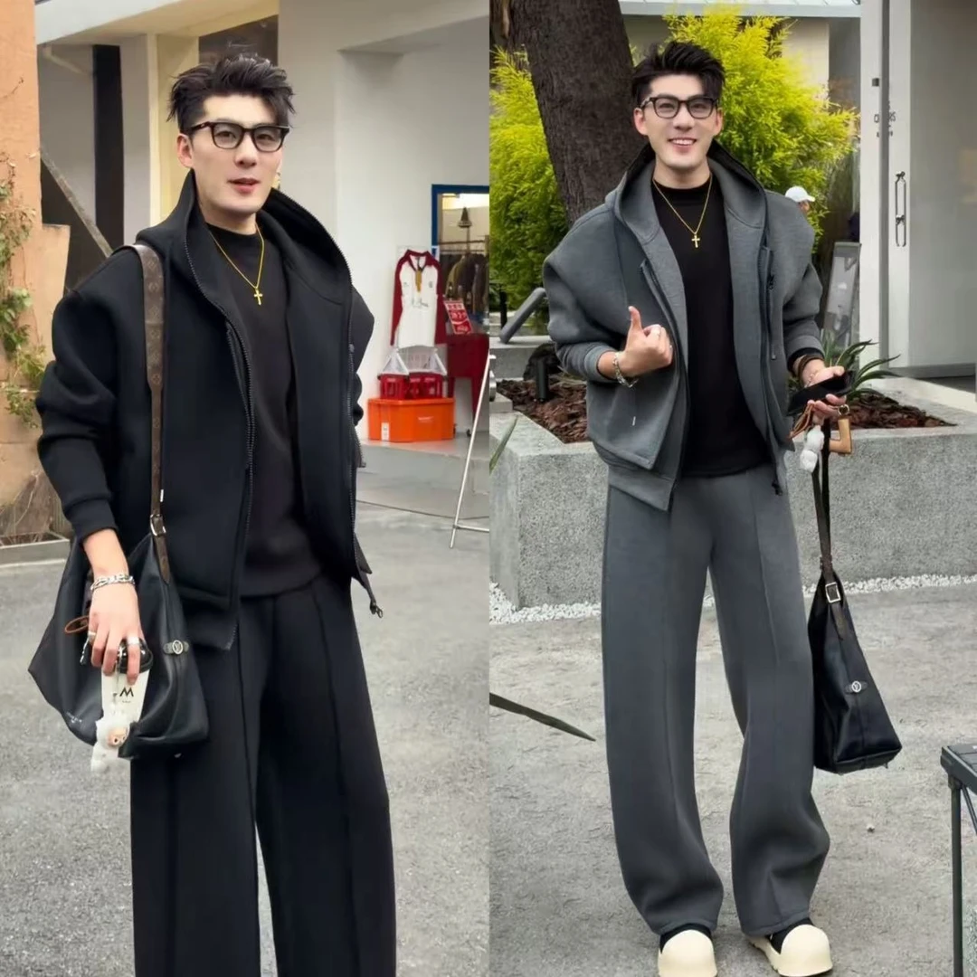 秋冬加厚假两件连帽卫衣套装男士时尚气质运动休闲外套宽松弯刀裤