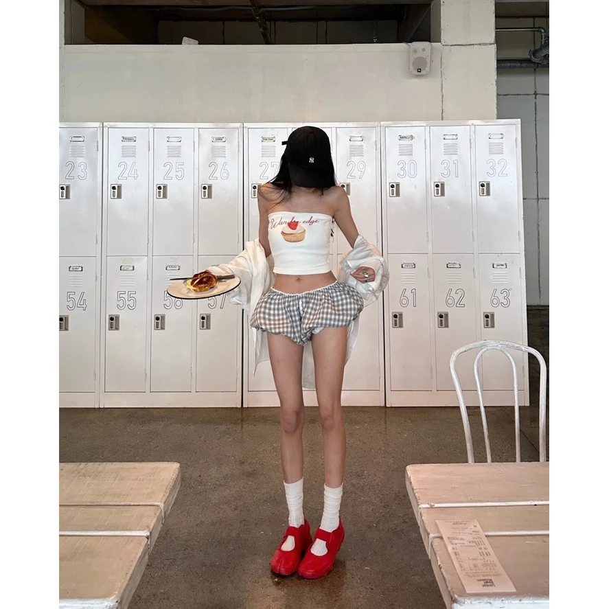 浅蓝色花苞短裤女小个子低腰泡泡裤格子休闲裤