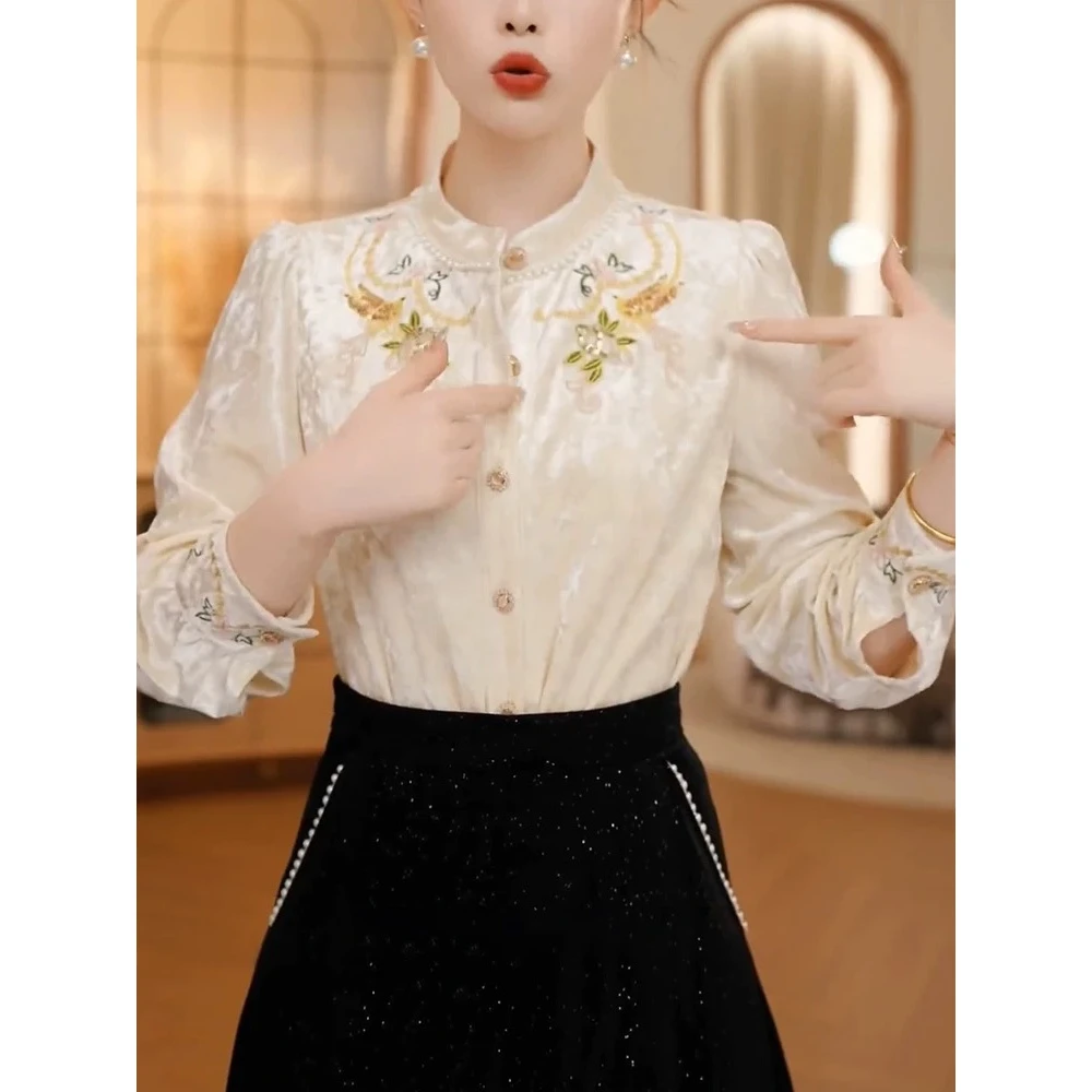 【509】法式高端丝绒上衣打底衬衫女装新款宽松时尚别致漂亮上衣