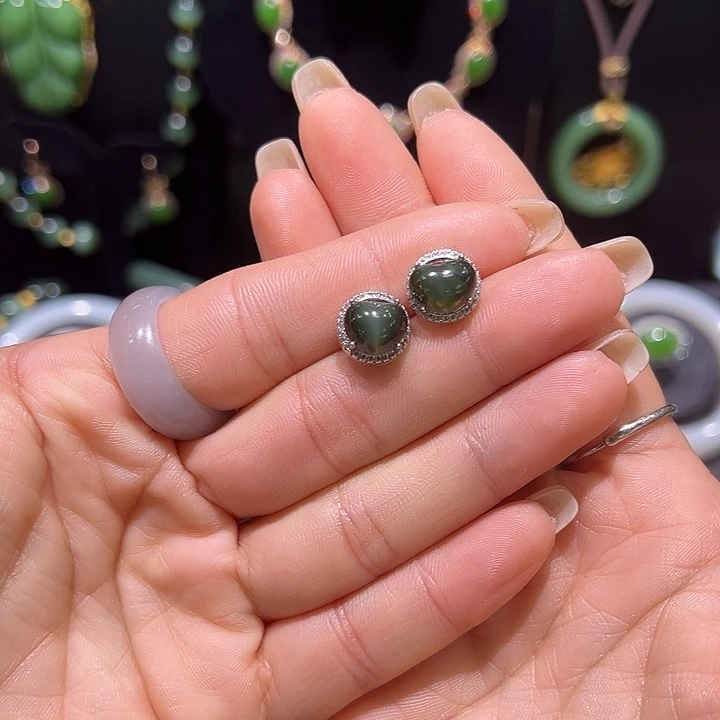 和田玉银S925镶嵌耳饰