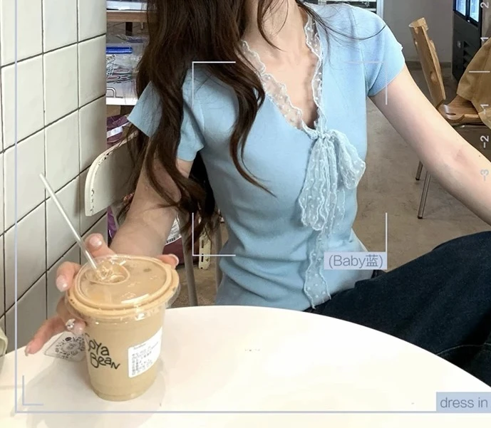 【海南简爱】短袖蝴蝶结夏季修身拼接毛针织衫0127