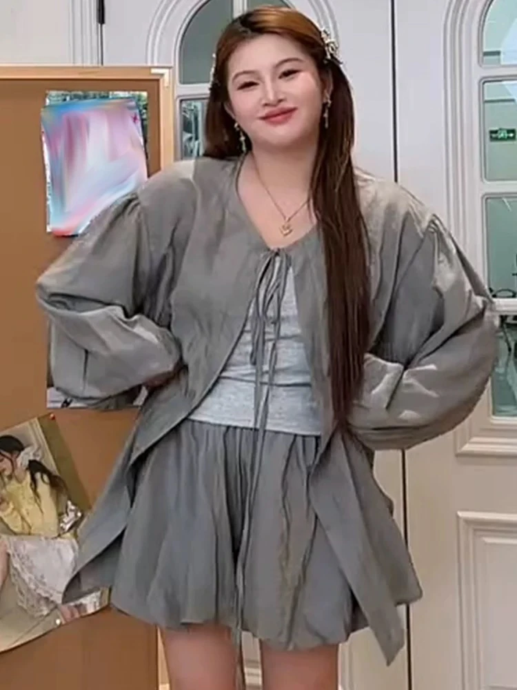【莹莹推荐】长袖防晒衬衫吊带背心花苞短裤夏季新款显瘦宽松三件套
