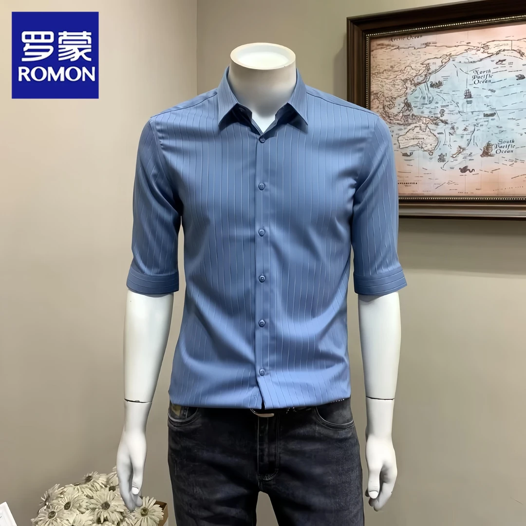 Romon/罗蒙夏季衬衫短袖修身韩版帅气男士商务休闲冰丝中袖衬衣服
