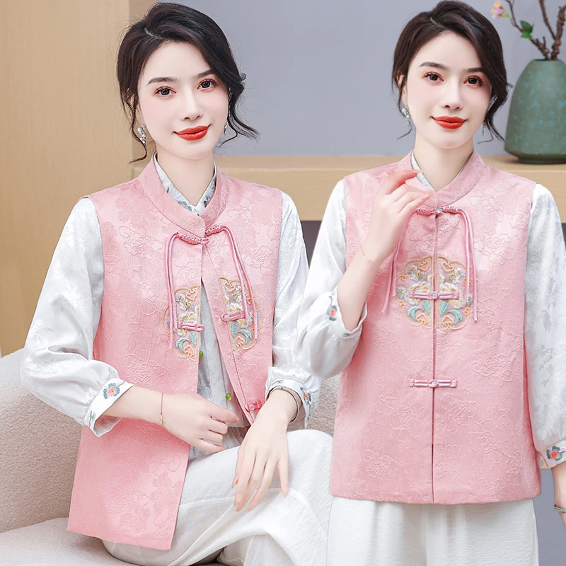 新款妈妈装马甲复古绣花马夹刺绣工字型薄款民族风时尚上衣一粒扣