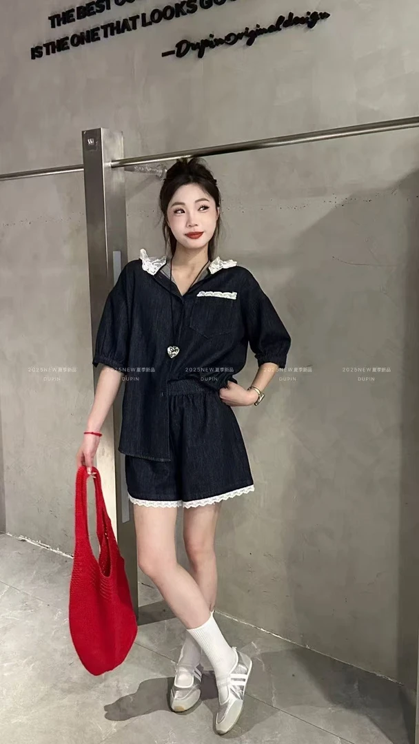 11815连帽短裤牛仔蕾丝套装