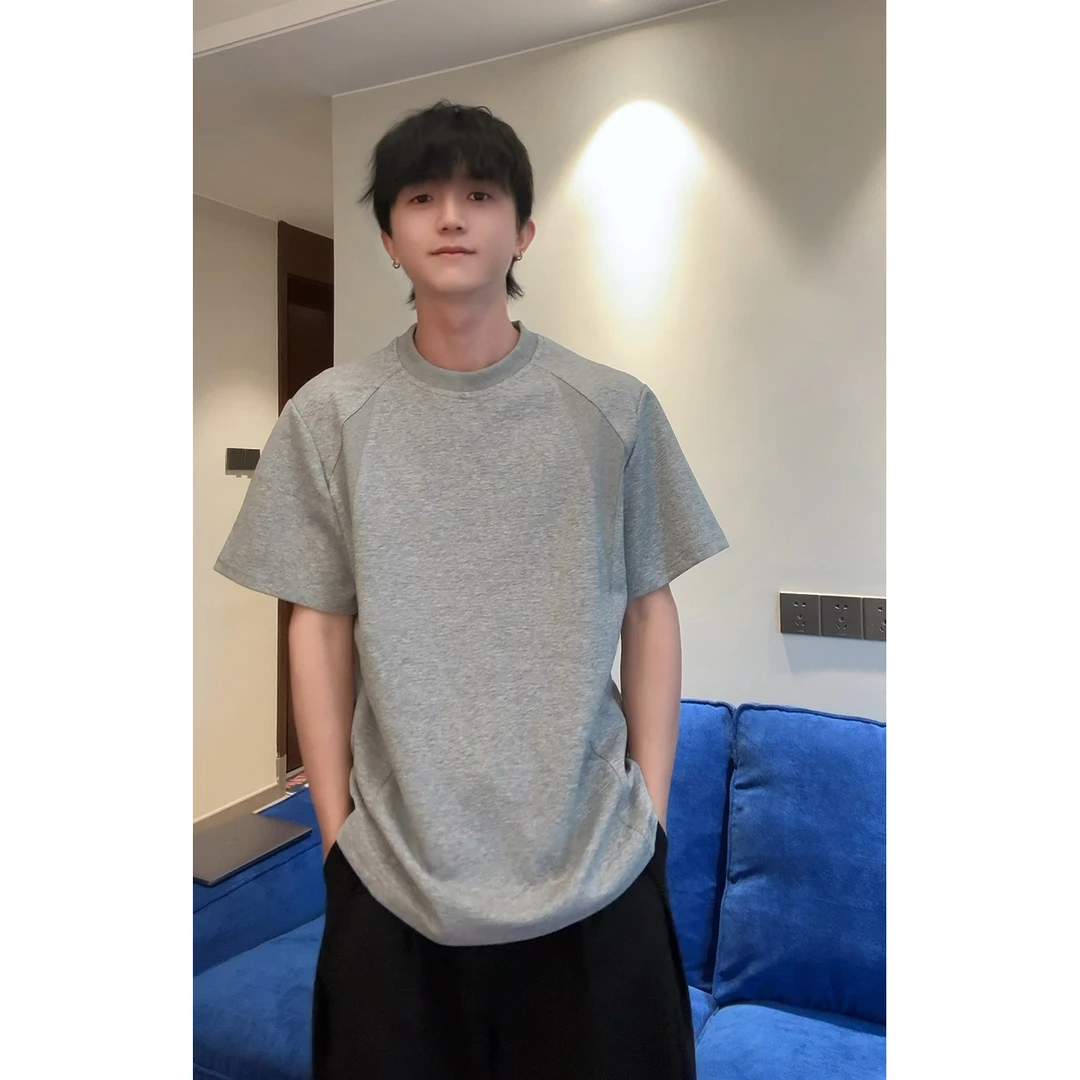 夏季空气棉正肩短袖男美式休闲百搭小领口拼接螺纹短袖情侣T恤