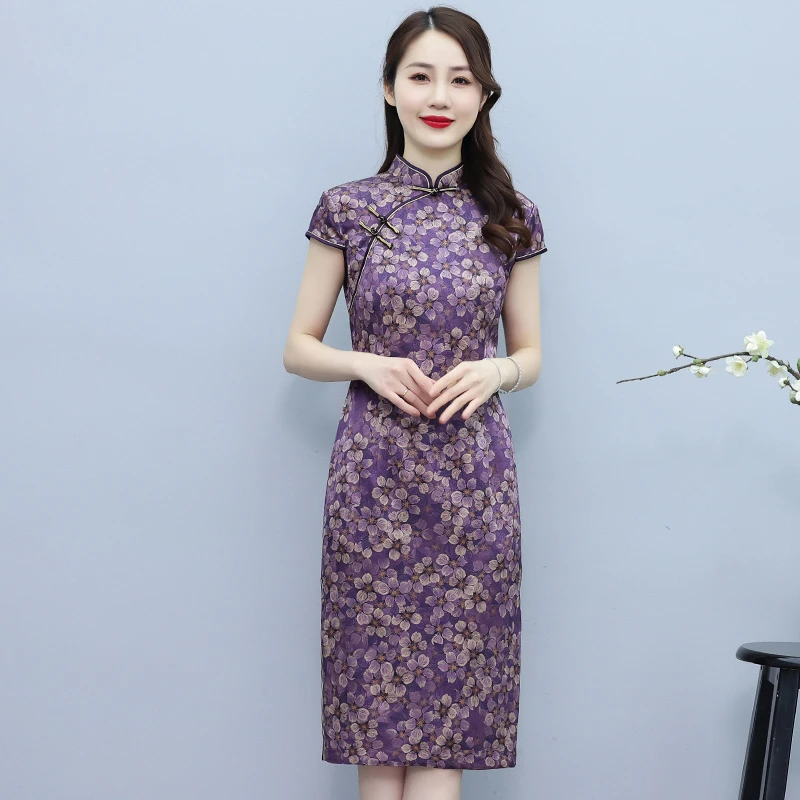 王小鸭2025夏季新款碎花旗袍裙高档民族风时尚印花婚礼宴会连衣裙