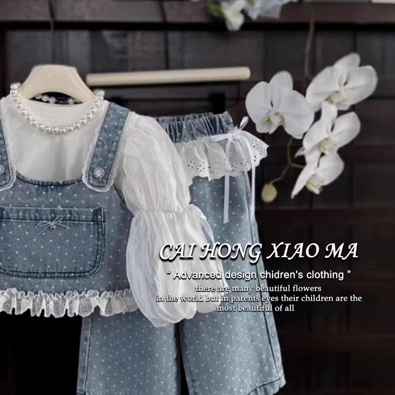 1889女童套装春夏新款童装洋气花边波点背心屁帘裤早春潮套装